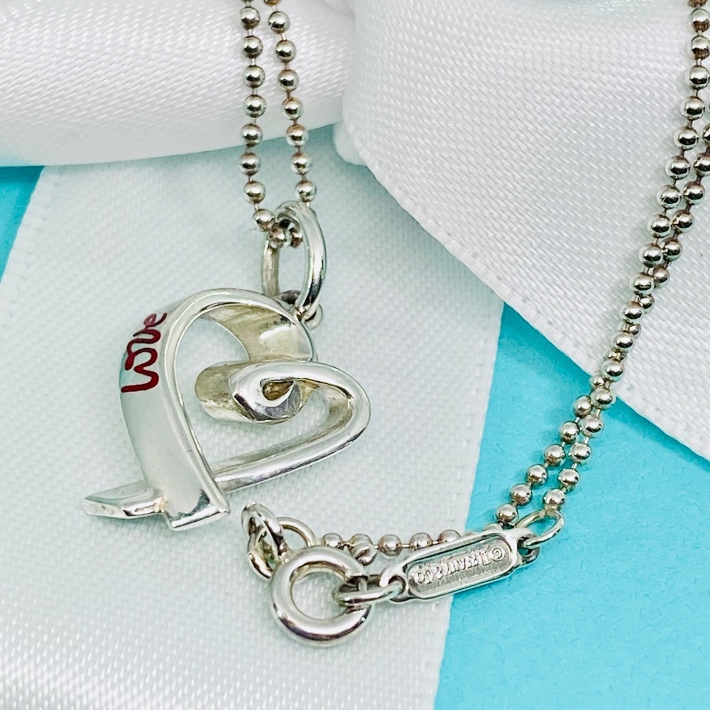 Tiffany & Co. Paloma Picasso Red Enamel Love Heart Necklace Sterling Silver 16”